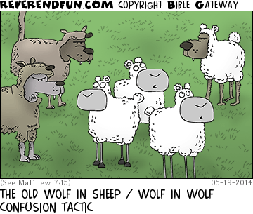 DESCRIPTION: Sheep surrounded by wolves dressed in both sheep and wolf costumes CAPTION: THE OLD WOLF IN SHEEP / WOLF IN WOLF CONFUSION TACTIC