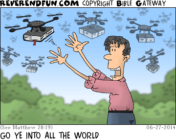 DESCRIPTION: Man releasing Bibles tied to quad-coptors CAPTION: GO YE INTO ALL THE WORLD
