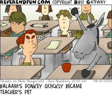 DESCRIPTION: Balaam's donkey raising it's hand in class. Balaam looking on upset. CAPTION: BALAAM'S DONKEY QUICKLY BECAME TEACHER'S PET