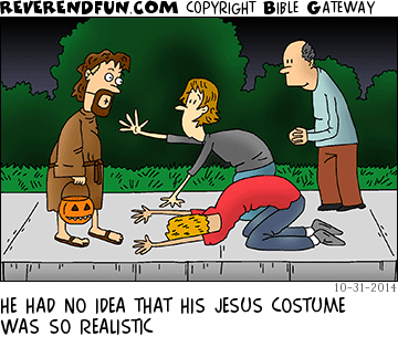 DESCRIPTION: Man in Jesus costume on Halloween being worshipped by passerbys CAPTION: HE HAD NO IDEA THAT HIS JESUS COSTUME WAS SO REALISTIC