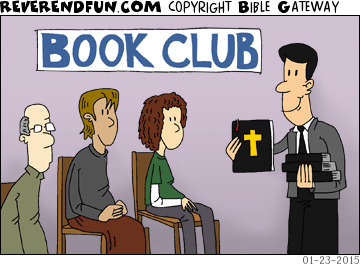 DESCRIPTION: Pastor presenting Bibles at the book club get together CAPTION: 
