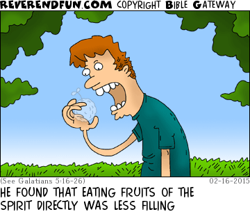 DESCRIPTION: Man eating a translucent fruit CAPTION: HE FOUND THAT EATING FRUITS OF THE SPIRIT DIRECTLY WAS LESS FILLING