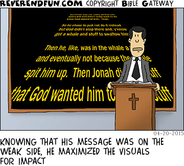 DESCRIPTION: Pastor preaching while Star Wars like content scrolls behind him on the display CAPTION: KNOWING THAT HIS MESSAGE WAS ON THE WEAK SIDE, HE MAXIMIZED THE VISUALS FOR IMPACT