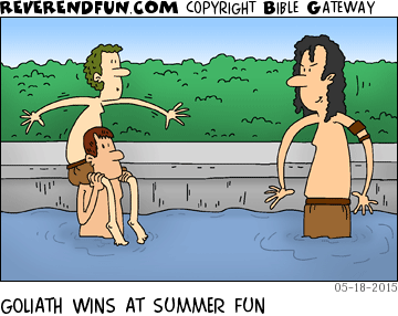 DESCRIPTION: Goliath playing water games with shorter people CAPTION: GOLIATH WINS AT SUMMER FUN