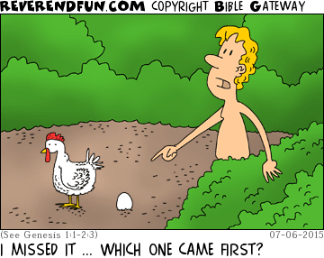 DESCRIPTION: Adam looking at a chicken and an egg and talking to God CAPTION: I MISSED IT ... WHICH ONE CAME FIRST?